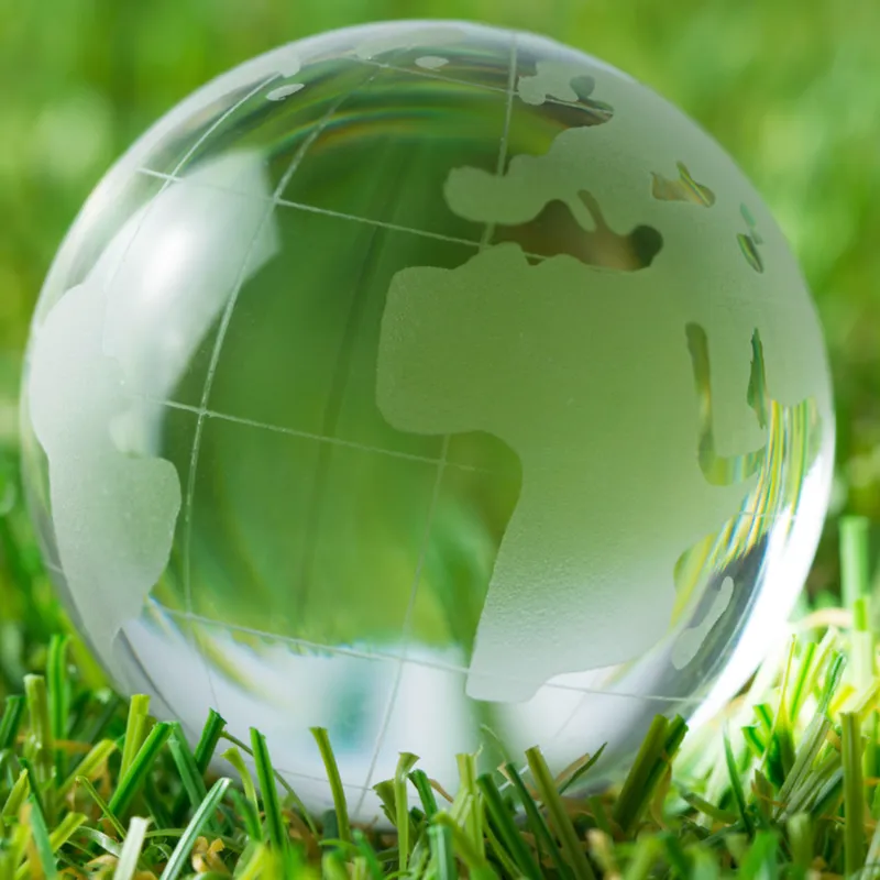 A glass globe resting on grass, with the continents etched into its surface.