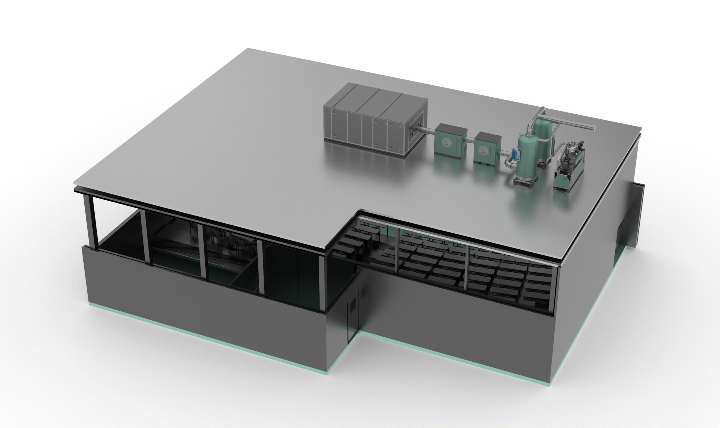 Cutaway 3D render of the same building seen from above, with the full carbon capture equipment chain installed on the roof and connected to the ventilation system below.