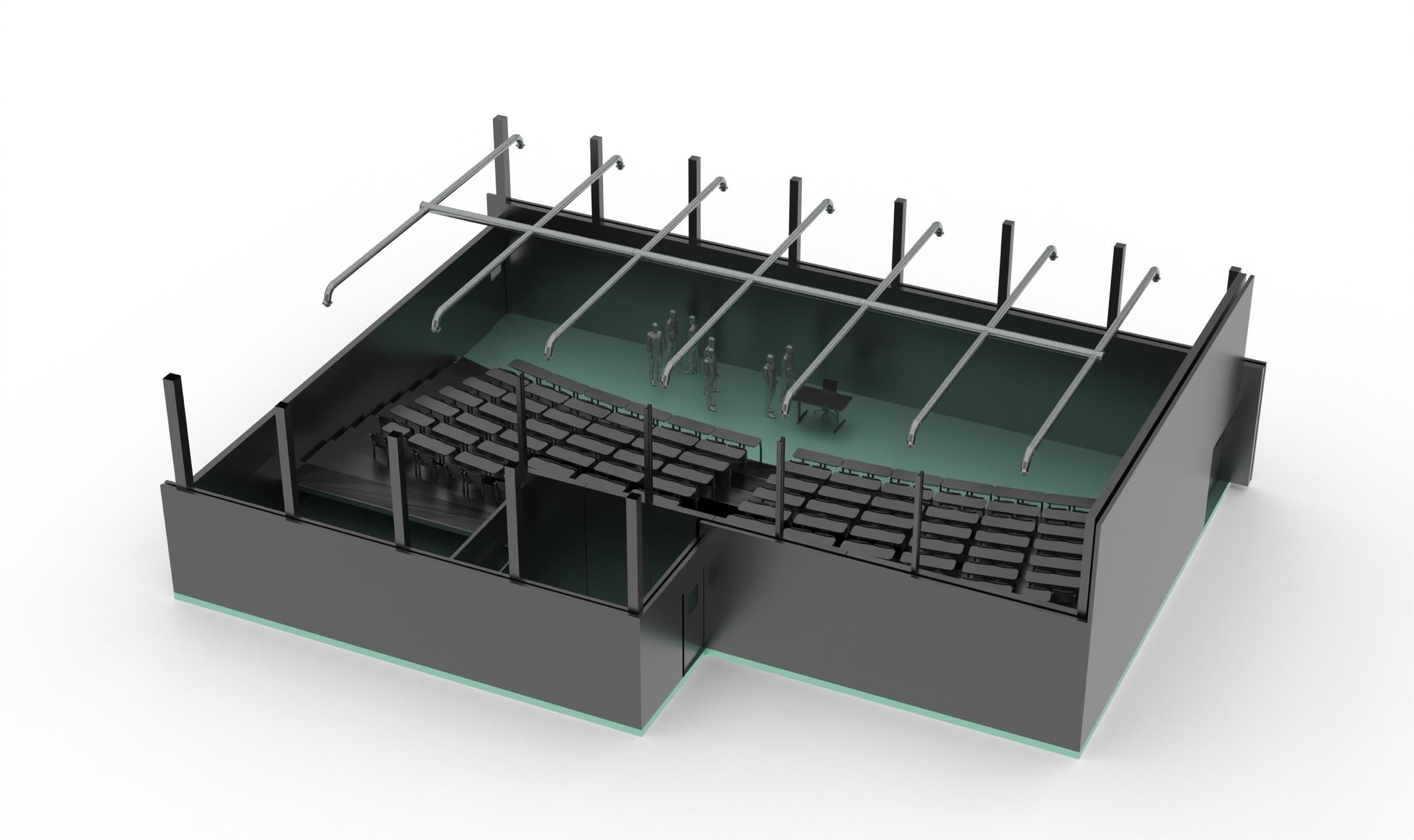 Cutaway 3D render of a lecture hall with tiered seating and people standing at the front, where ceiling-mounted discharge ducts collect CO2-rich exhaust air and route it out of the room.