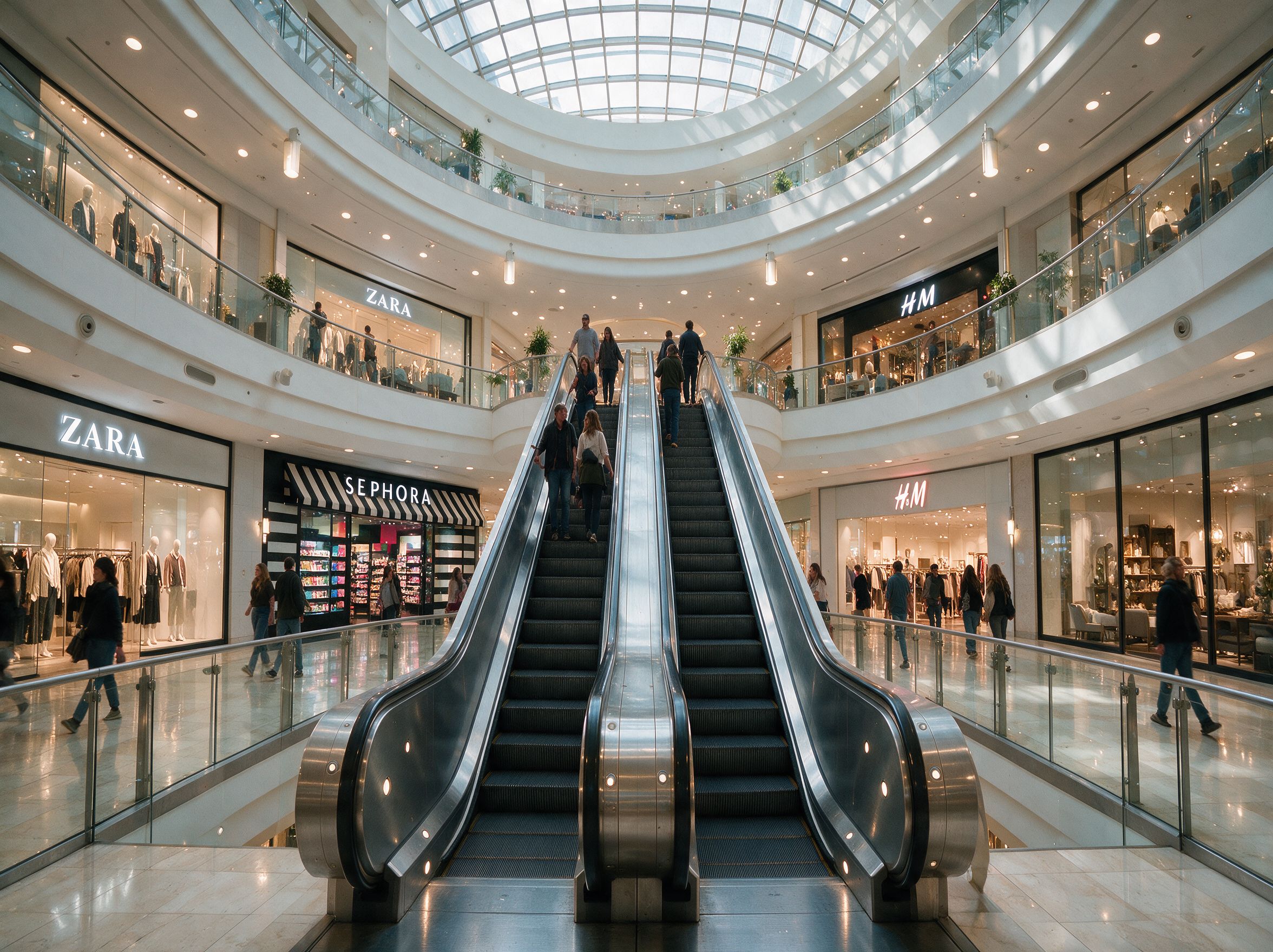 A busy multi-level shopping mall atrium with escalators, glass balustrades and people moving between storefronts, an example of an indoor space where many people share the same ventilated air.